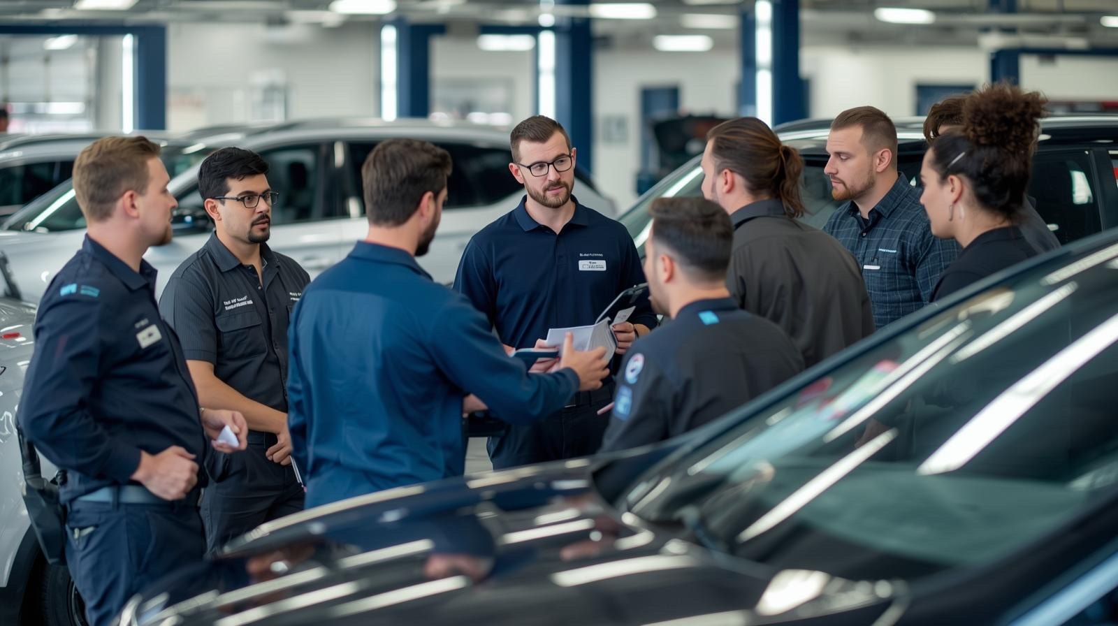 A service team gathered around a vehicle in the shop, mid conversation
