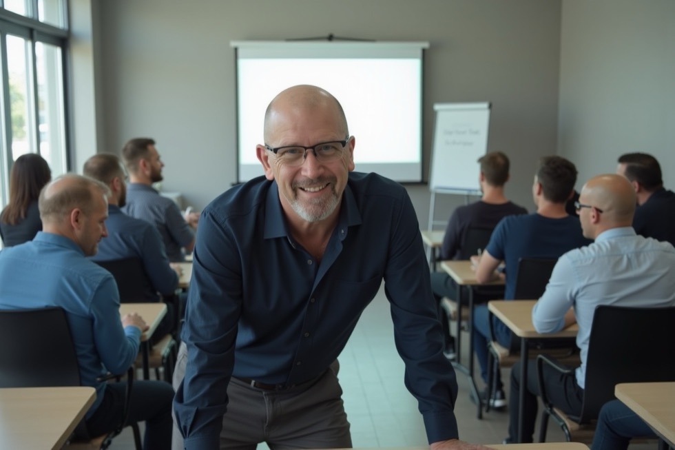 John Fairchild working with a group of managers around a classroom table