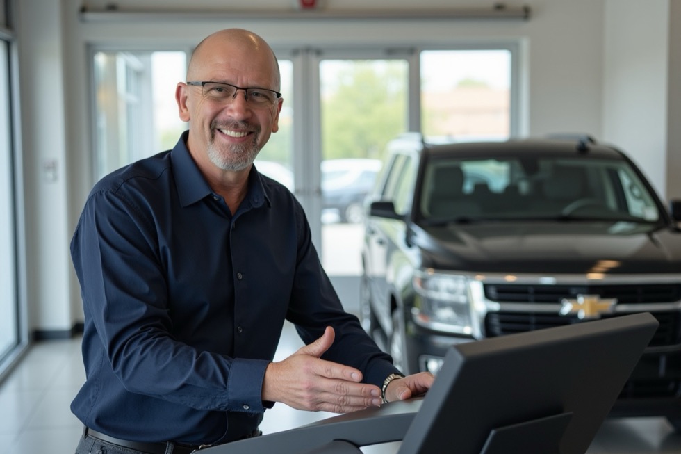 John Fairchild at a service desk in a dealership showroom