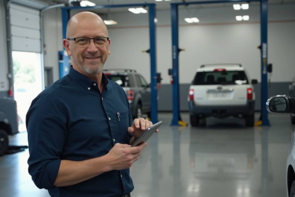 John Fairchild holding a tablet in a dealership shop