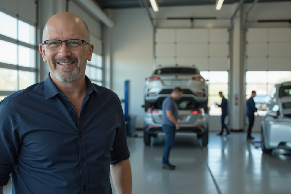John Fairchild walking through a dealership service drive